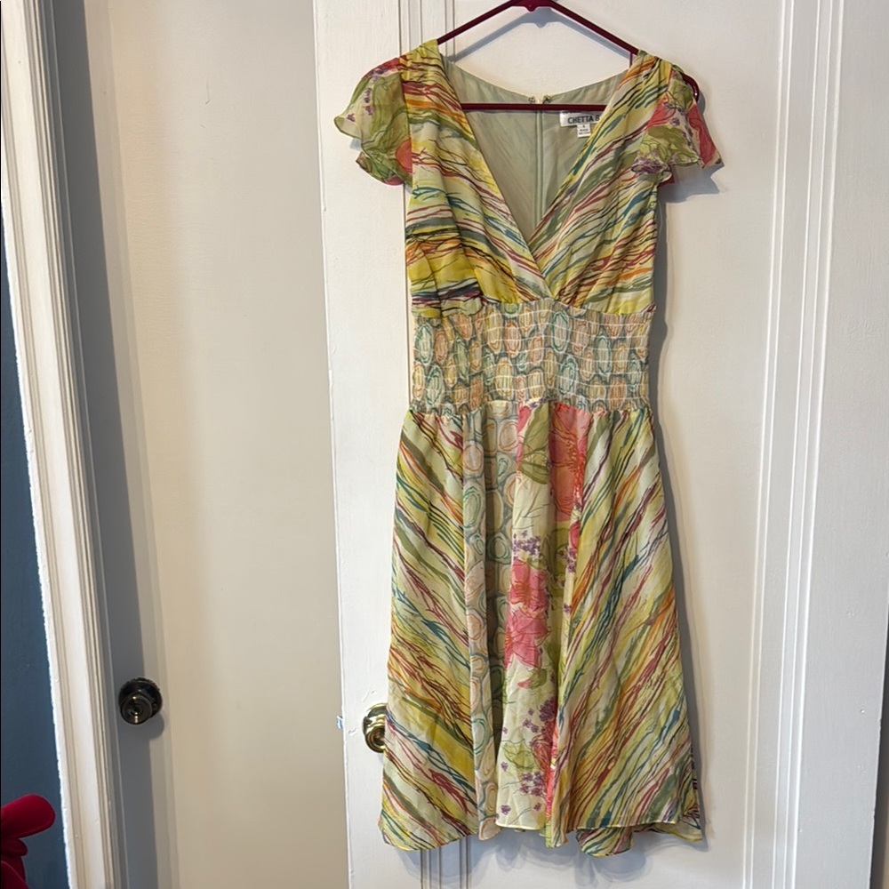 Chetta B Silk V-Neck Flutter Sleeve Sundress